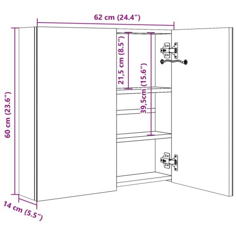  Szafka łazienkowa z lustrem i LED, biel z połyskiem 62x14x60 cm