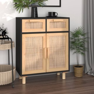  Komoda, czarna, 60x30x75 cm, lita sosna i naturalny rattan