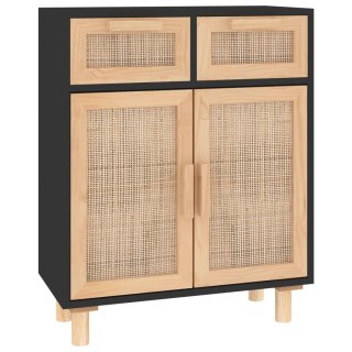  Komoda, czarna, 60x30x75 cm, lita sosna i naturalny rattan