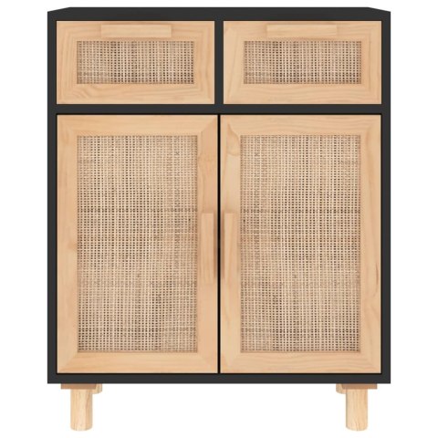  Komoda, czarna, 60x30x75 cm, lita sosna i naturalny rattan