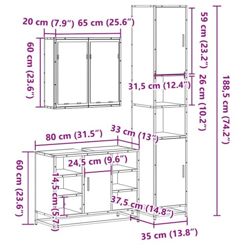  3-częściowy zestaw mebli łazienkowych, szary dąb sonoma