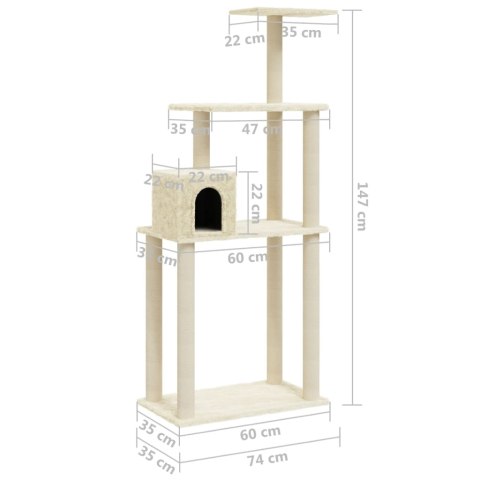  Drapak dla kota ze słupkami sizalowymi, kremowy, 147 cm