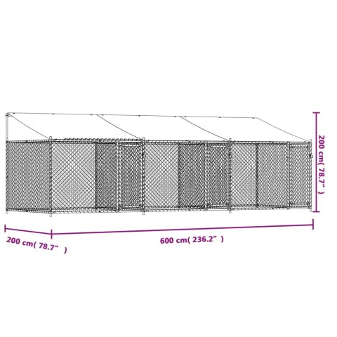  Klatka dla psa, z dachem i drzwiami, szara, 6x2x2 m, stal