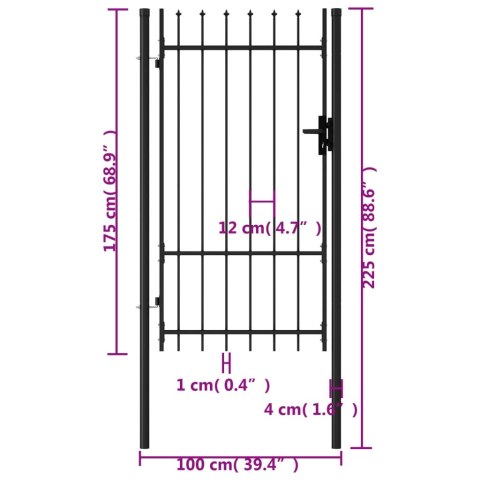  Furtka jednoskrzydłowa z grotami, stal, 1x1,75 m, czarna