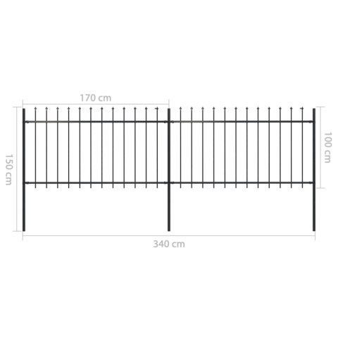  Ogrodzenie z prętów z grotami, 3,4 x 1 m, stalowe, czarne