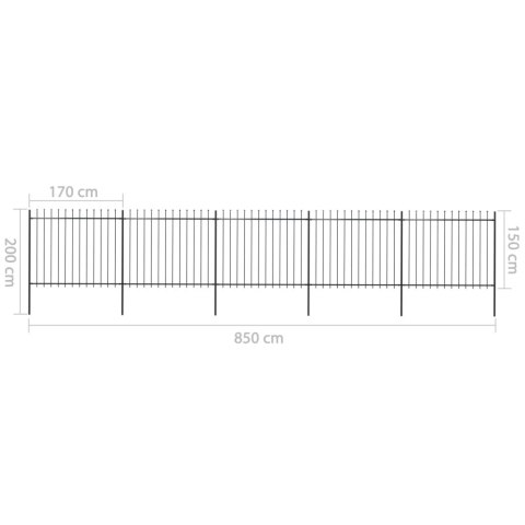  Ogrodzenie z prętów z grotami, stalowe, 8,5 x 1,5 m, czarne