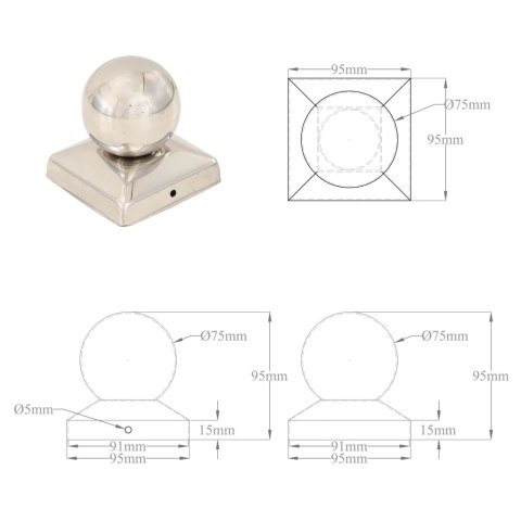  Zatyczki na słupki, 6 szt., kule, stal nierdzewna, 91x91 mm
