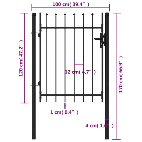  Brama jednoskrzydłowa z grotami, stal, 1x1,2 m, czarna