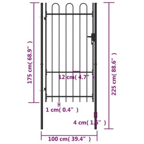  Furtka jednoskrzydłowa z zaokrągleniami, stal, 1x1,75 m, czarna