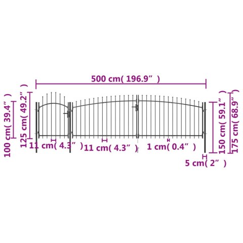  Brama ogrodzeniowa z grotami, 5 x 1,75 m, czarna