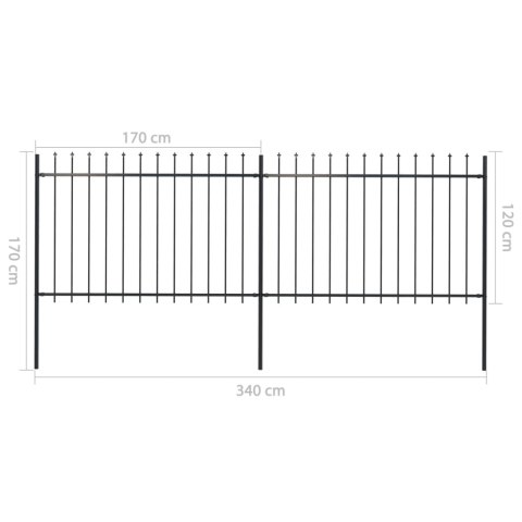  Ogrodzenie z prętów z grotami, stalowe, 3,4 x 1,2 m, czarne