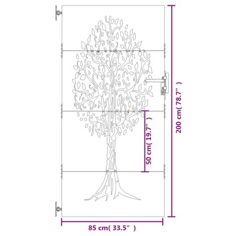  Furtka ogrodowa, 85x200 cm, stal kortenowska, motyw drzewa