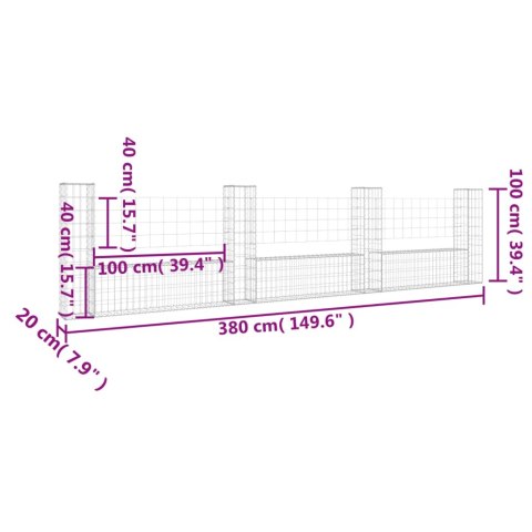  Ogrodzenie gabionowe z 4 słupkami, żelazo, 380x20x100 cm