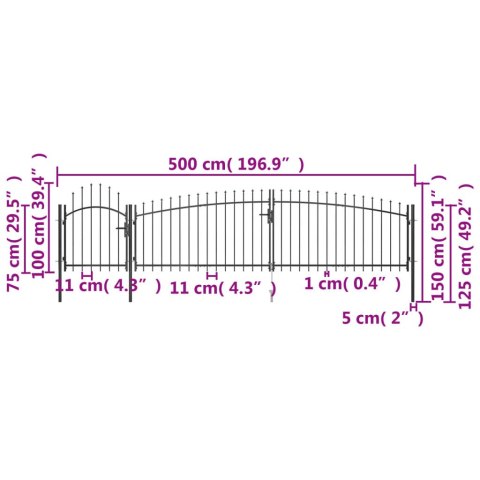  Brama ogrodzeniowa z grotami, 5 x 1,5 m, czarna