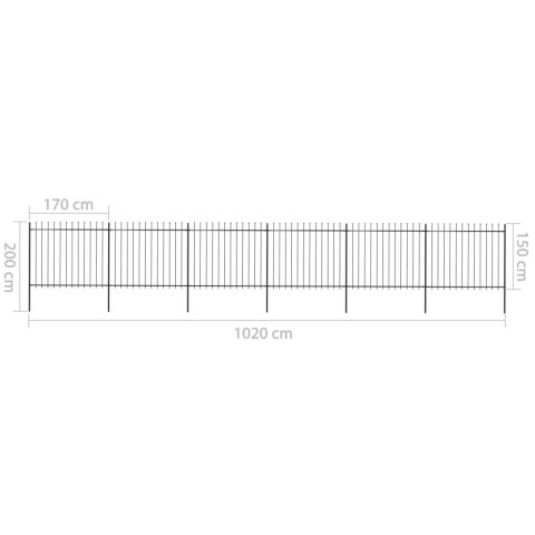  Ogrodzenie z prętów z grotami, stalowe, 10,2 x 1,5 m, czarne