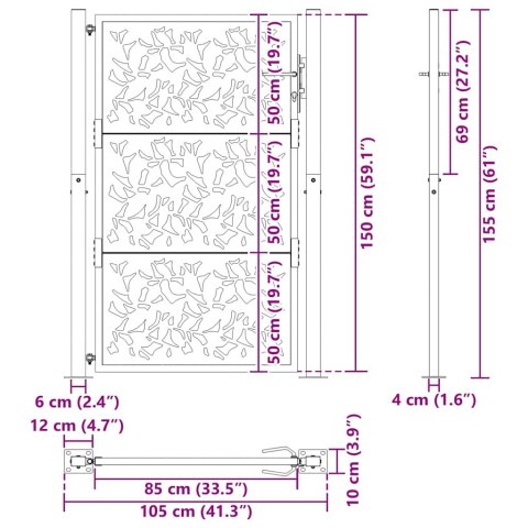  Brama ogrodowa czarna 105x155 cm stalowy wzór liścia