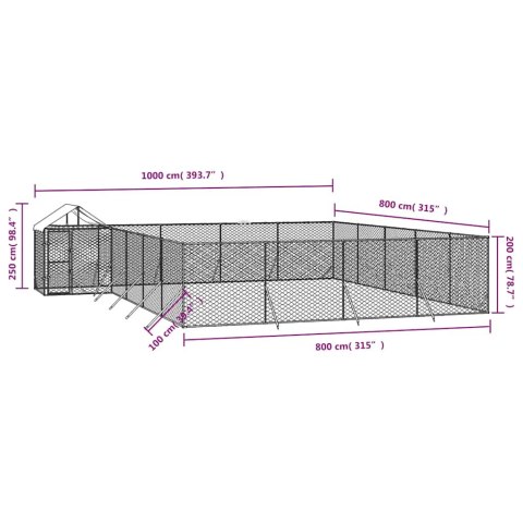  Kojec dla psa, z dachem, srebrny, 10x8x2,5m, stal galwanizowana