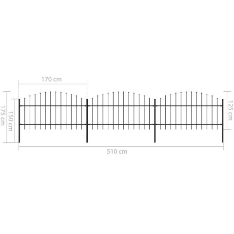  Panele ogrodzeniowe z grotami, stal, (1-1,25) x 5,1 m, czarne