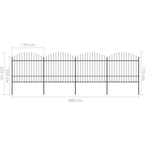  Panele ogrodzeniowe z grotami, stal, (1,5-1,75) x 6,8 m, czarne