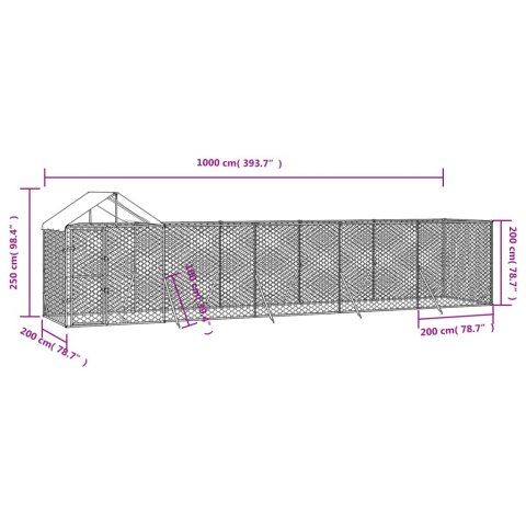  Kojec dla psa, z dachem, srebrny, 10x2x2,5m, stal galwanizowana