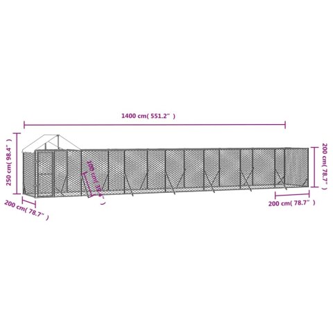  Kojec dla psa, z dachem, srebrny, 14x2x2,5m, stal galwanizowana