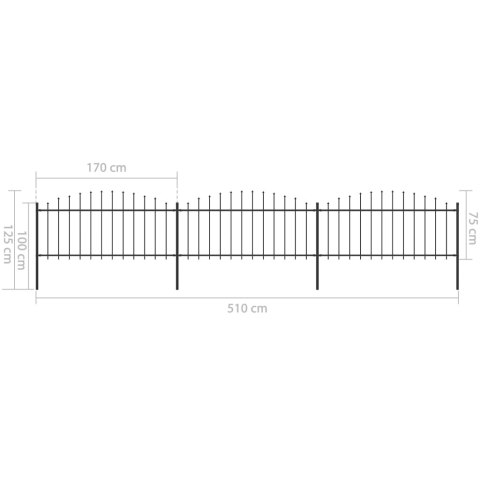  Panele ogrodzeniowe z grotami, stal, (0,5-0,75) x 5,1 m, czarne