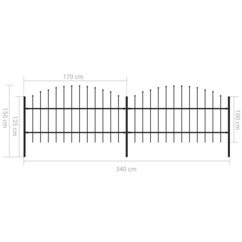  Panele ogrodzeniowe z grotami, stal, (0,75-1) x 3,4 m, czarne