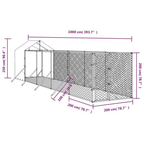  Kojec dla psa, z dachem, srebrny, 2x10x2,5m, stal galwanizowana