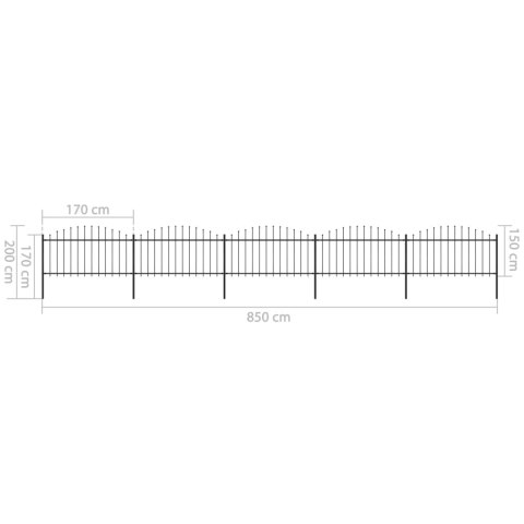  Panele ogrodzeniowe z grotami, stal, (1,25-1,5) x 8,5 m, czarne