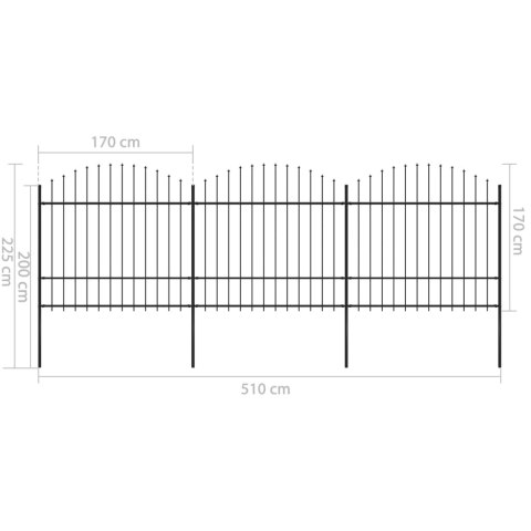  Panele ogrodzeniowe z grotami, stal, (1,5-1,75) x 5,1 m, czarne