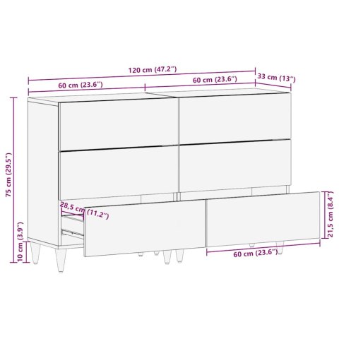  Komody 2 szt. Jasnoszary 60x33,5x75 cm Drewno lite Mango