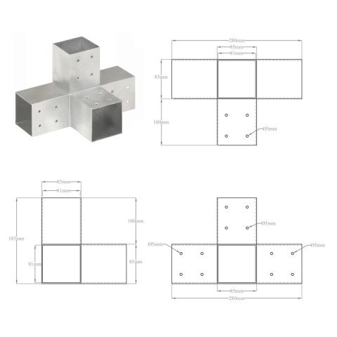  Łącznik do słupków w kształcie X, galwanizowany metal, 81x81 mm