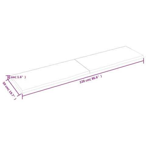  Półka, 220x50x(2-4) cm, surowe lite drewno dębowe