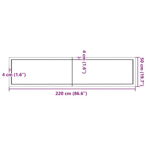  Półka, 220x50x(2-4) cm, surowe lite drewno dębowe