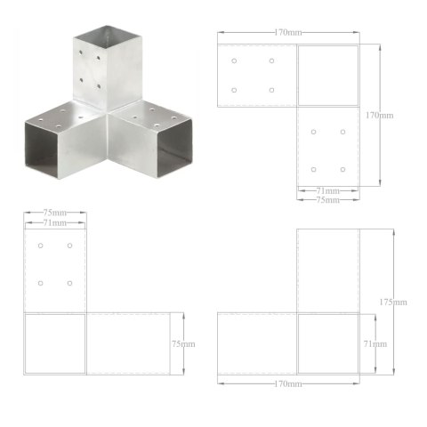  Łączniki w kształcie Y, 4 szt., galwanizowany metal, 71x71 mm