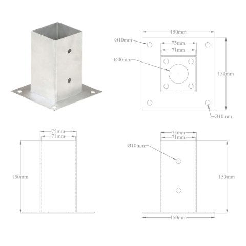  Podstawy słupów, 4 szt., galwanizowany metal, 71 mm