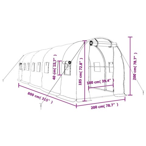  Szklarnia ze stalową ramą, zielona, 16 m², 8x2x2 m