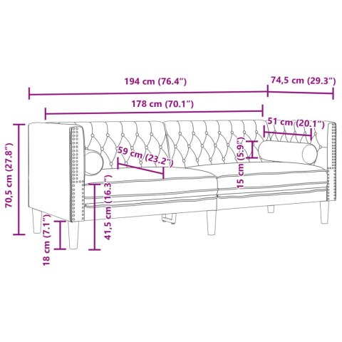 VidaXL Sofa Chesterfield z wałkami, trzyosobowa, czarna, aksamit