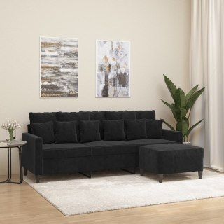  3-osobowa sofa z podnóżkiem, czarna, 180 cm, aksamit