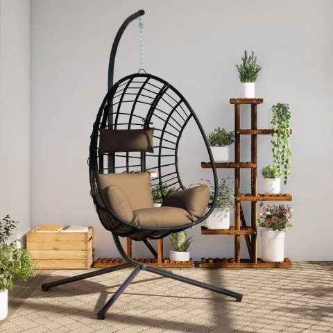 Wiszące krzesło kokon ze stojakiem, kolor taupe, rattan i stal Wiszące krzesło kokon ze stojakiem, kolor taupe, rattan i stal