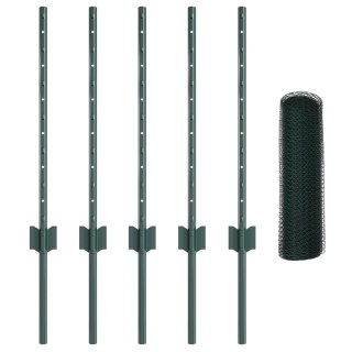 Słupki ogrodzeniowe vidaXL 11 szt. typu U-channel zielone 100 cm stal, Ogrodzenie w kształcie heksagonu vidaXL zielone 0,6x10 m 