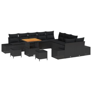 Zestaw sofy ogrodowej vidaXL w 13 elementach z poduszkami Czarny Polirattan Akacja, Czteroosobowa sofa ogrodowa vidaXL z poduszk