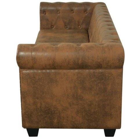  Trzyosobowa sofa Chesterfield ze sztucznej skóry, brązowa