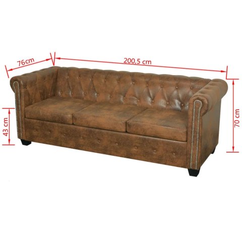  Trzyosobowa sofa Chesterfield ze sztucznej skóry, brązowa