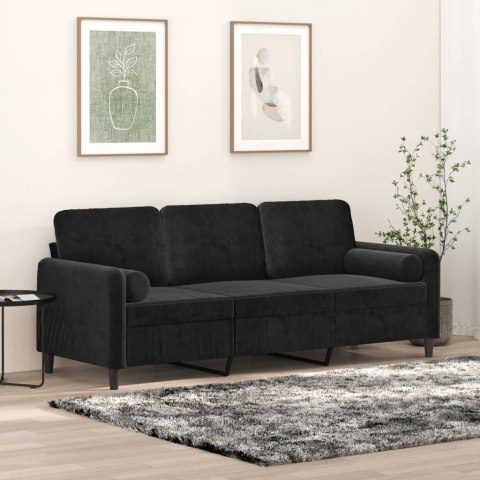  3-osobowa sofa z poduszkami, czarna, 180 cm, aksamit