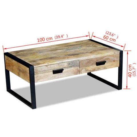  Stolik kawowy z 2 szufladami, lite drewno mango, 100x60x40 cm