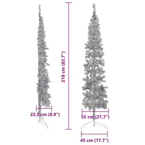  Smukła choinka połówka ze stojakiem, sztuczna, srebrna, 210 cm