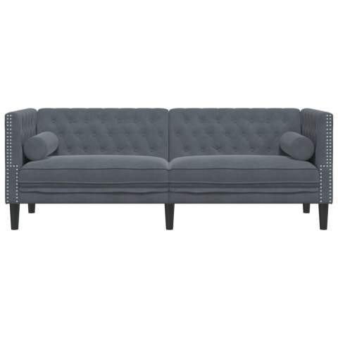  Sofa Chesterfield z wałkami, trzyosobowa, ciemnoszara, aksamit