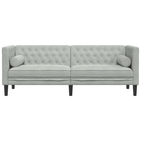  Sofa Chesterfield z wałkami, trzyosobowa, jasnoszara, aksamit