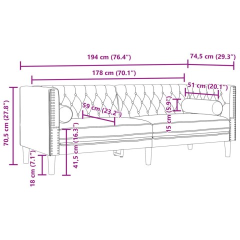  Sofa Chesterfield z wałkami, trzyosobowa, jasnoszara, aksamit